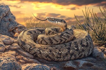 Coiled Rattlesnake on Rocky Desert at Sunset