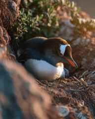 Naklejka premium Penguin Guarding Nest Soft Morning Light