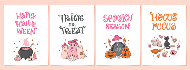 Halloween greeting cards, posters, banners, prints, invitations collection decorated with doodles and lettering quotes. EPS 10