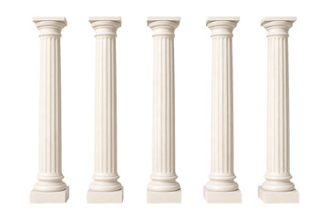 Five elegant white greek or roman arc pillars with detailed fluting and classical proportions for decorative architecture isolated on transparent background