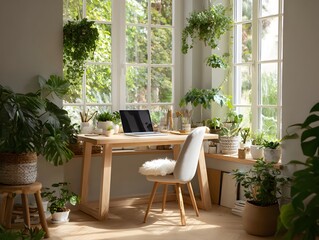 Obraz premium A bright home office with a wooden desk, laptop, and many plants where people work.