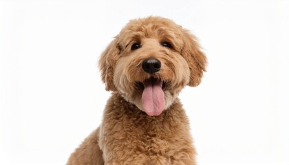 adorable goldendoodle sitting with tongue out in white background
