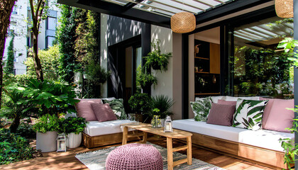 A cozy urban terrace with tropical decor. White sofas with pink cushions, lots of plants, and wooden furniture create a natural retreat.