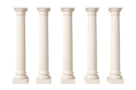 Five elegant white greek or roman arc pillars with detailed fluting and classical proportions for decorative architecture isolated on transparent background