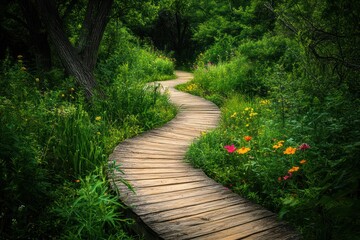 Obraz premium Sunlit Nature Path Through Green Foliage and Flowers