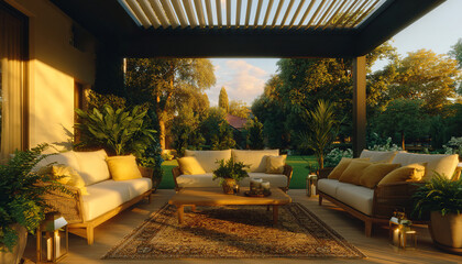 Lush garden with a modern seating area. Wooden sofas, yellow cushions, and a Persian rug. A luxurious and sunny setting for relaxing outdoors.