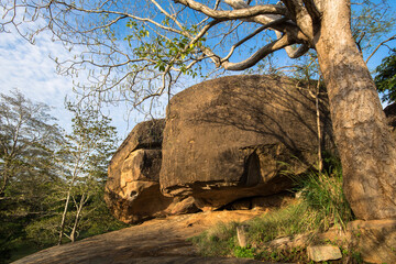 Obraz premium Vessagiri, or Issarasamanarama, is an ancient Buddhist forest monastery with boulders that is part of the ruins of Anuradhapura, one of the ancient capitals of Sri Lanka.
