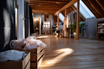 A chic fashion setup in a sunlit attic space invites creativity, featuring stylish garments on hangers, with an inviting atmosphere marked by wooden details and boxes.