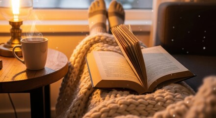 Cozy winter setting with open book, hot drink, warm blanket, snowfall outside
