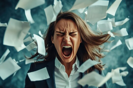 Stressed Businesswoman Surrounded by Flying Papers