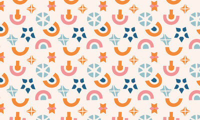 Playful Boho Geometric Seamless Pattern with Abstract Rainbows and Stars
