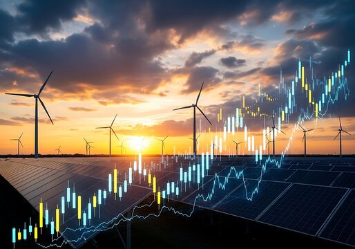 Renewable energy landscape with wind turbines and solar panels overlaid with a financial stock market graph symbolizing growth and investment in green technology - Powered by Adobe