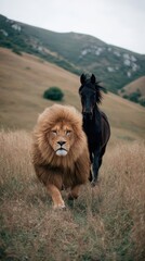 Lion and horse in a field of tall grass.
