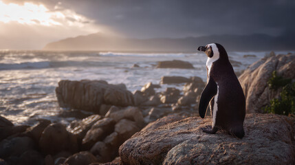 Obraz premium Penguin Looking Out to Sea Dramatic Light Depth of Field
