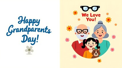 Happy Grandparents Day celebration with cute family illustration, expressing love, appreciation, and joy with grandkids and adorable pet dog.