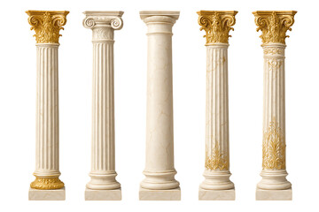 Marble greek and roman columns with gold accents in various classical styles isolated on transparent background greek or roman arc