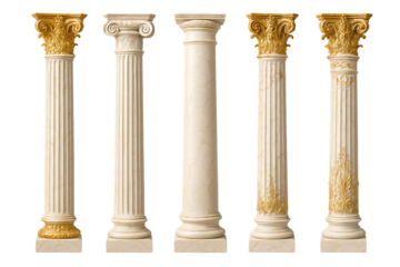 Marble greek and roman columns with gold accents in various classical styles isolated on transparent background greek or roman arc