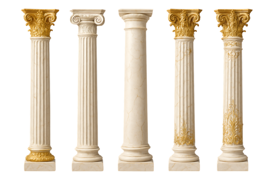 Marble greek and roman columns with gold accents in various classical styles isolated on transparent background greek or roman arc