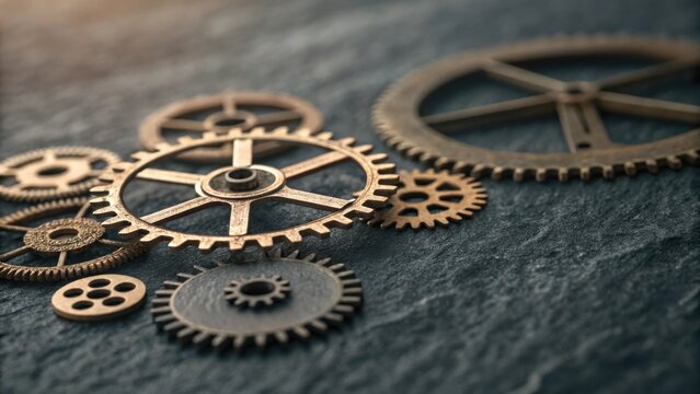 A collection of vintage brass and metal gears arranged on a textured dark surface showcasing intricate mechanical details and a sense of industrial history