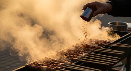 Authentic Uyghur lamb kawa skewers, a traditional Central Asian cultural cuisine, sizzling on a charcoal grill at sunset. Editorial food photography