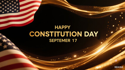 Black gold background, national flag, and illuminated text represent the magnificent celebration of Constitution Day, used for holiday theme display and online dissemination scenes.