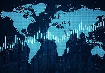 Abstract digital world map with glowing blue financial stock market charts and graphs, representing global economy and business growth