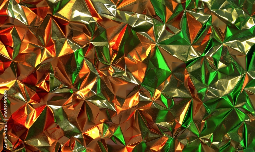 Poster Abstract faceted texture in gold green and red reflective color scheme