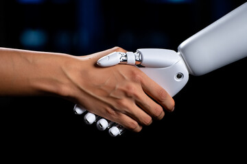 Human and robot handshake symbolizing future technology and collaboration