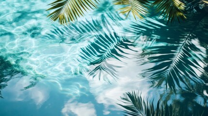 Tropical palm leaves reflected in shimmering pool water.