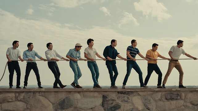 A group pulls a rope, united in effort.
