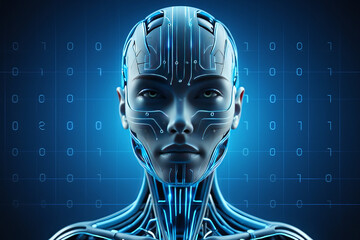 Futuristic humanoid robot face with glowing blue circuits