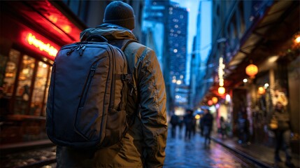 Obraz premium Man with Backpack in Rainy Neon Alley at Dusk