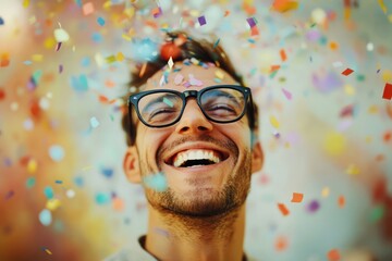 Joyful Man in Glasses Surrounded by Confetti