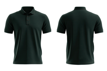 Dark teal polo shirt, front and back views.  Mockup shows  a plain,  unisex polo shirt with a collared neckline, short sleeves, and a button placket