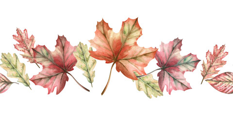 Seamless border with autumn leaves. Isolated watercolor illustration for interior design, Harvest festival decoration, printing on kitchen textiles, seasonal menu design.