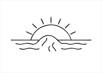 A striking single black continuous line drawing depicting a serene ocean beach scene with a prominent sun setting over the calm sea waters isolated on white background