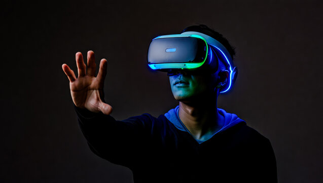 Person wearing VR headset reaches forward, fully immersed in virtual reality, with neon rim lights highlighting face contours against a black background.