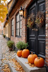 Puerta de madera natural de una casa en un acogedor entorno oto&ntilde;al con calabazas decorativas