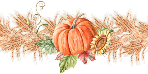 Seamless border with pumpkin, saltwort and wheat ears. Isolated watercolor illustration for interior design, Harvest Festival decoration, printing on kitchen textiles, seasonal menu design.