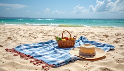 tropical beach picnic with woven blanket fresh fruit basket and sun hat lying on pristine sand ideal for lifestyle holiday content