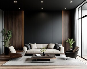 A modern living room featuring a neutral sofa, stylish chairs, wooden accents, and indoor plants, creating a cozy and inviting atmosphere.