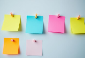 Colorful sticky notes pinned to a light blue background.