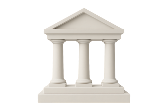 Classic ancient greek or roman arc with three simple doric columns and triangular pediment structure isolated on transparent background