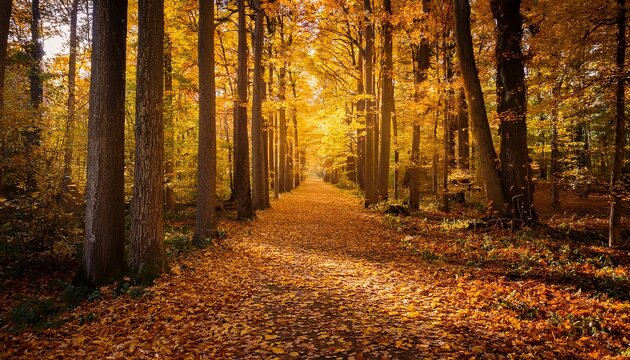 a narrow forest path bordered by golden autumn leaves and encircled by tall trees the scene appears welcoming ideal for a tranquil walk in nature