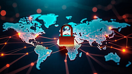 Obraz premium Digital blue world map secured by a red padlock, surrounded by interconnected network lines and dots on a dark blue background with scattered orange dots.