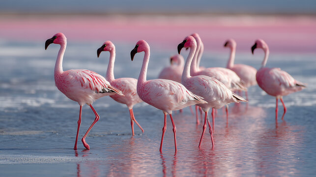 Flamingos in Walvis Bay with shallow pink water
