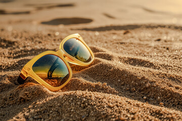 Yellow rectangular sunglasses with blue mirrored lenses rest on light brown sand with scattered pebbles, under a bright, sunny, blurred beach background.