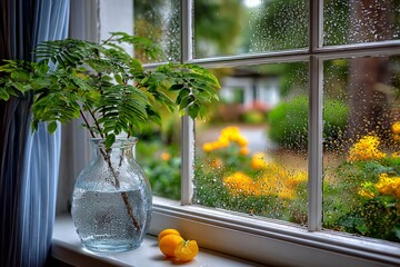 Ventana empañada en Berlín con plantas y gotas de lluvia, reflejando el ambiente otoñal y tranquilo