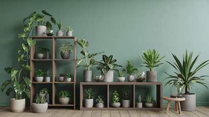 Fototapeta premium Green plants in various pots on wooden shelves. 