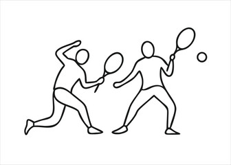 Stylized single line art depicting tennis players engaged in a match with their racquets and ball isolated on white background